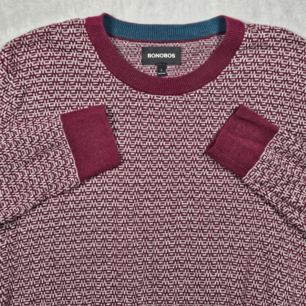 Bonobos Sweater Mens Large Burgundy Geometric Lambswool Cashmere Blend Crewneck